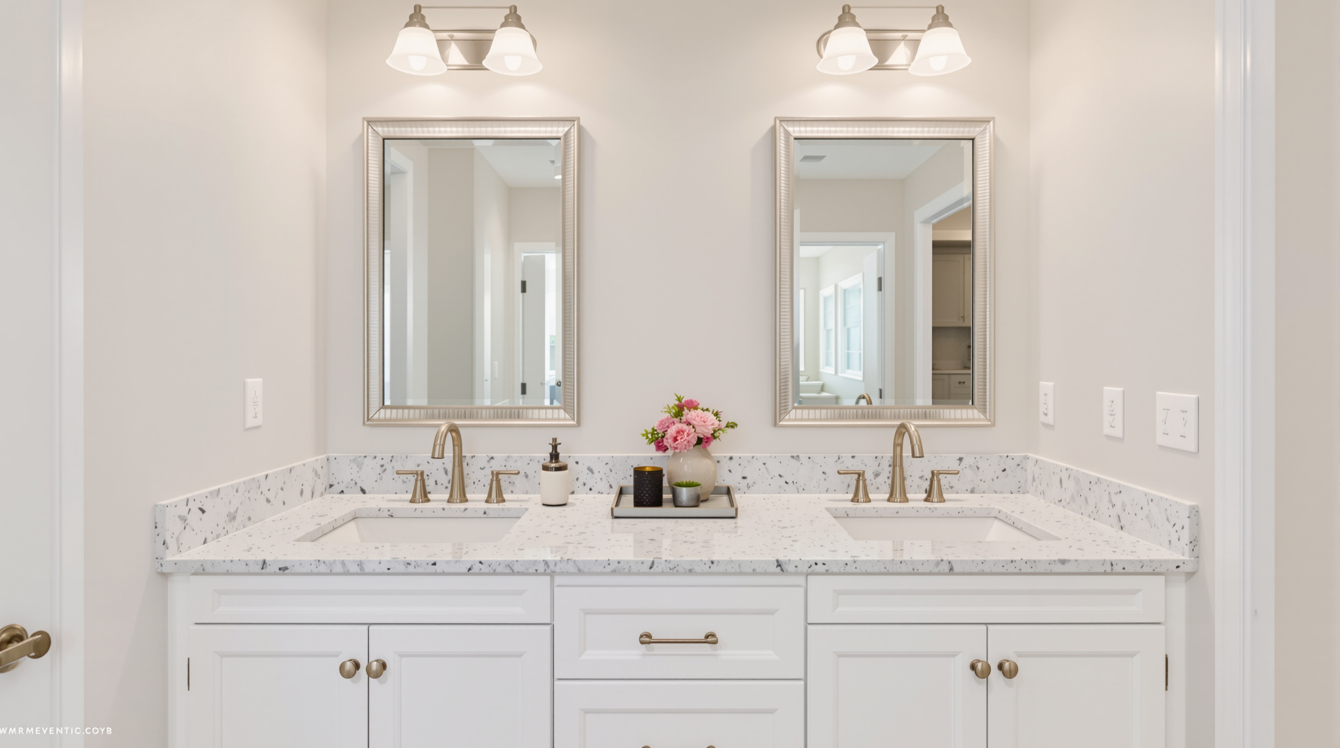 Modern white shaker kitchen with waterfall quartz island and pendant lighting